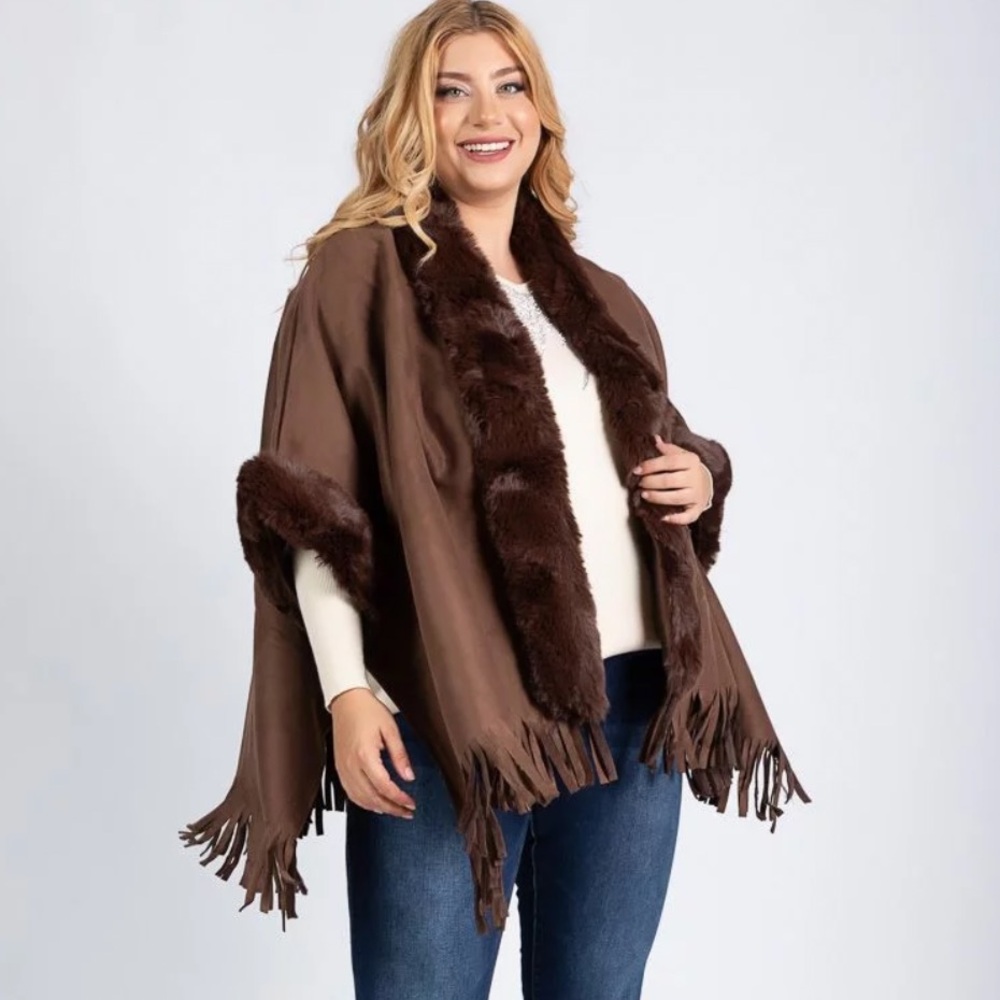 Coat Jacket Ruana Poncho Suede Cape faux Fur Trim Fringe OS Brown